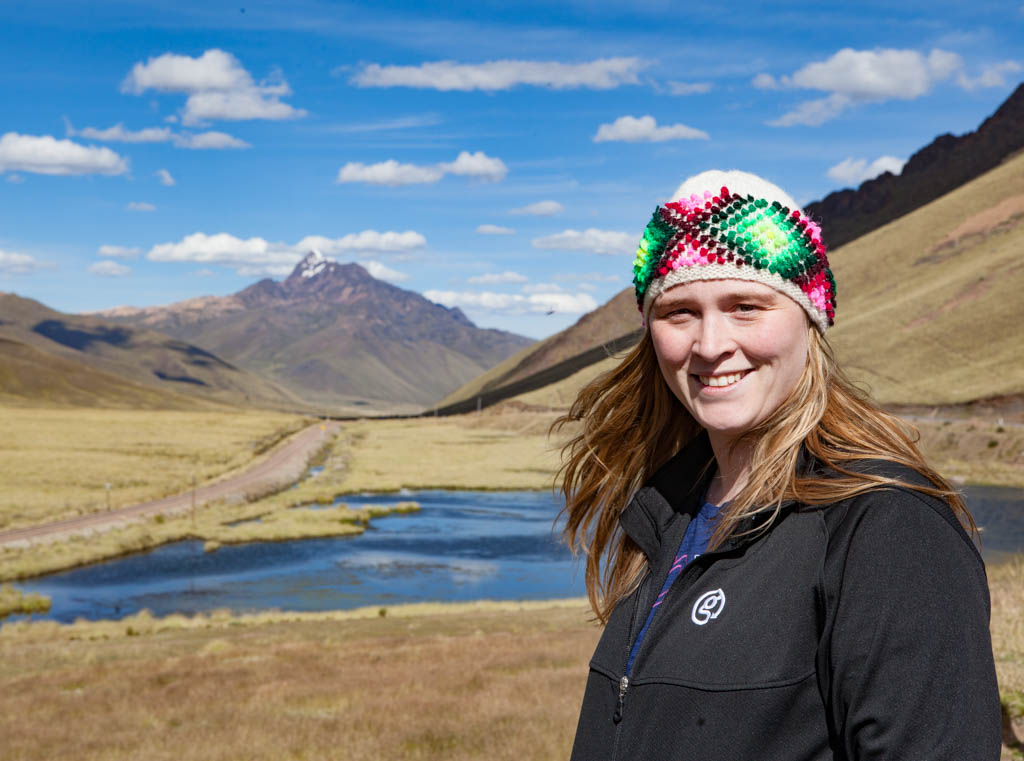 Shari Tucker in front of mountainous landscape in Peru