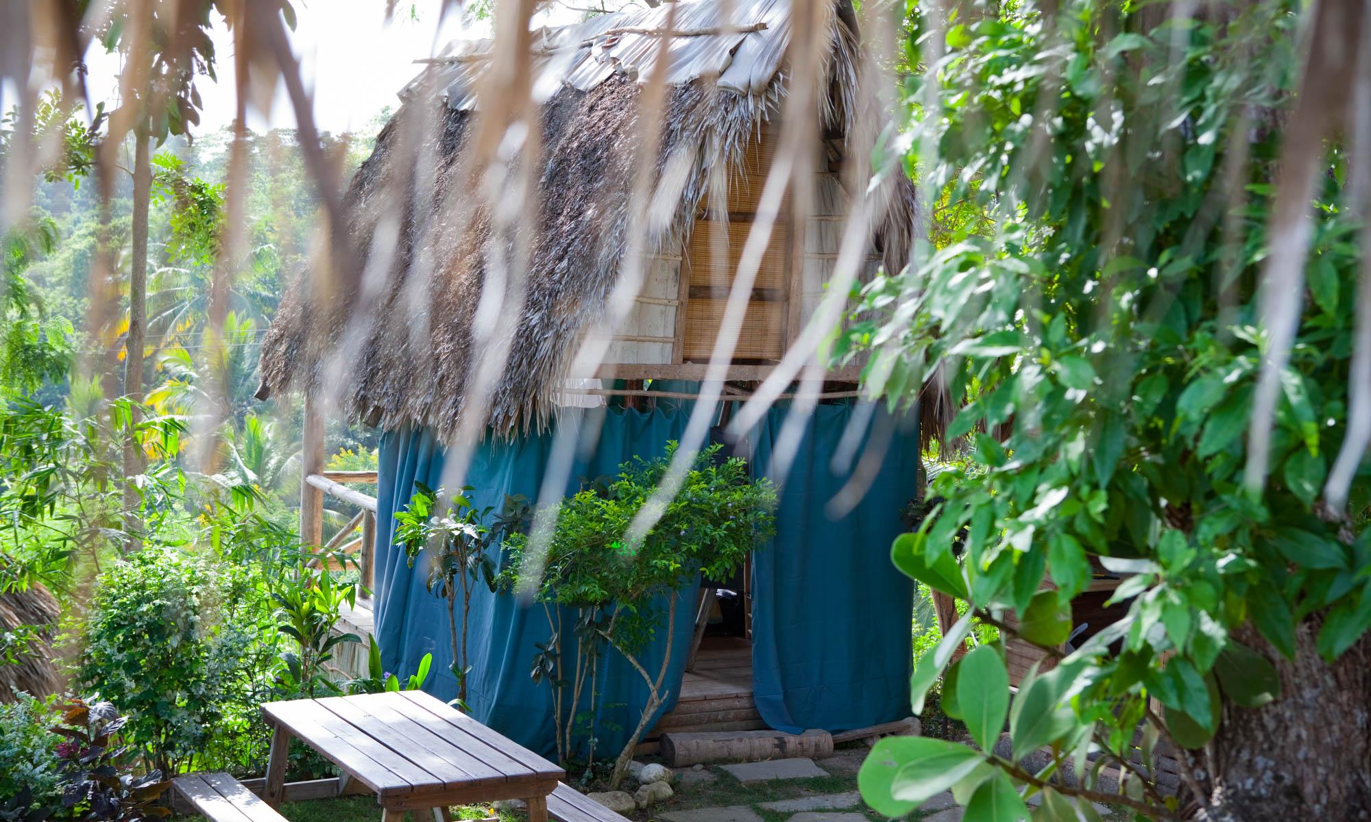 Rustic accommodation with a thatched roof and blue fabric for privacy with green foliage and a picnic table