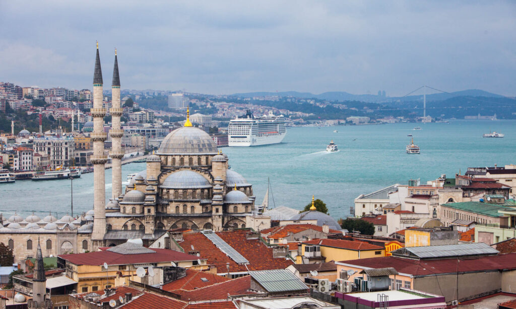 View of mosque in Istanbul with a cruise ship in the background