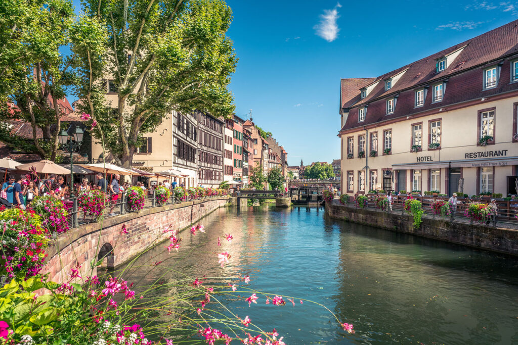 Historic buildings along a canal in Strasbourg, France