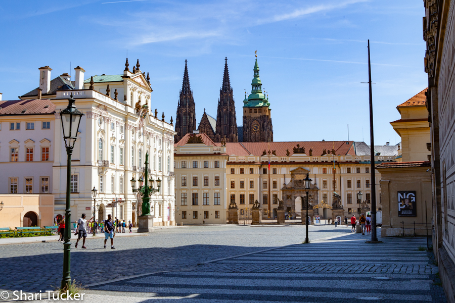 Prague castle entrance and st. vitus cathedral in the background