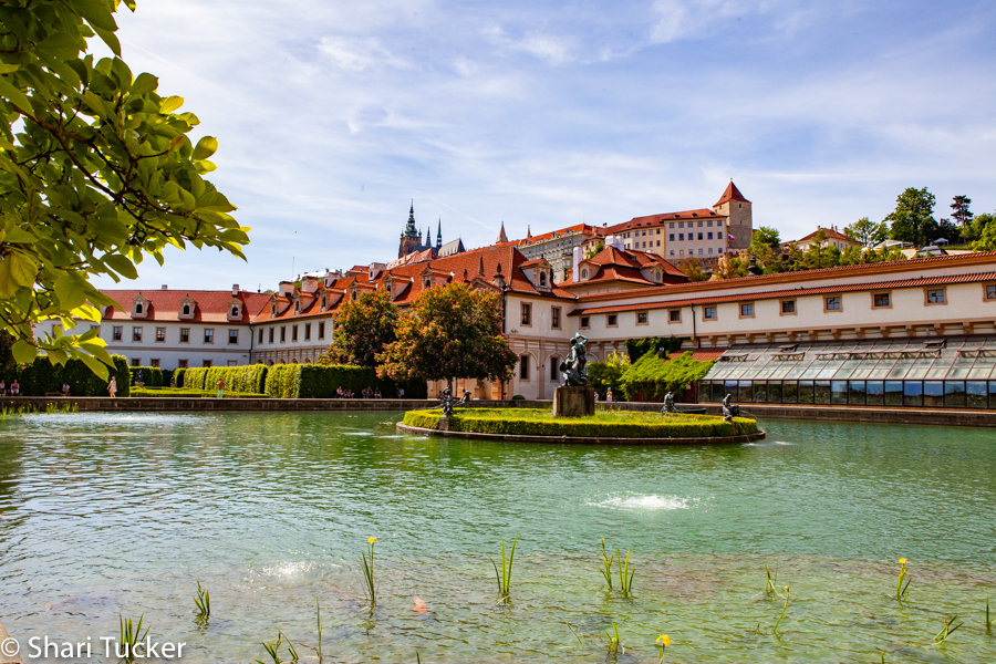 large pond in the foreground at the senate gardens in Prague with Prague castle in the background